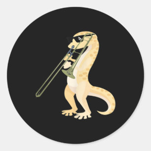 Pegatina Redonda Gracioso Gecko Usando Sungles Jugando Trombone Liz