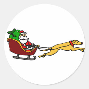 Pegatina Redonda Gracioso Greyhound Pulling Navidades Sleigh