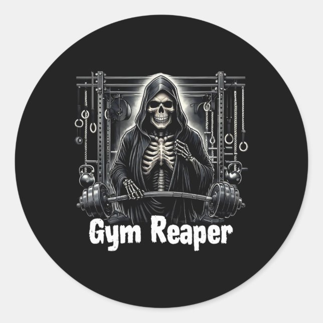 Pegatina Redonda Gracioso Gym Reaper Workout Bodybuilding (Anverso)