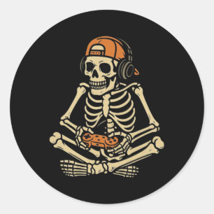 Pegatina Redonda Gracioso Halloween Skeleton Gamer Video Gaming Boy