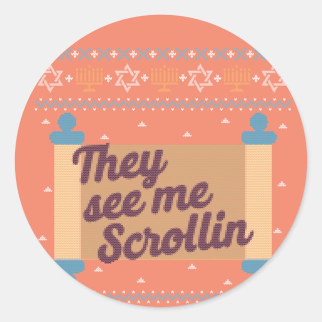 Pegatina Redonda Gracioso Hanukkah me ve Scrollin Tee (Anverso)