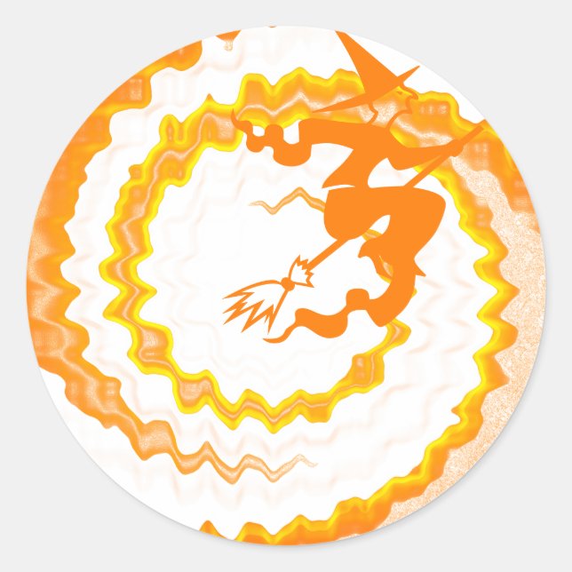 Pegatina Redonda Gracioso hechizo mágico de bruja voladora naranja  (Anverso)