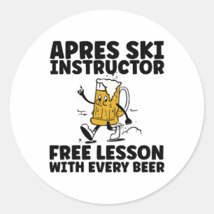 Pegatina Redonda Gracioso instructor de esquí de Apres Cerveza grat