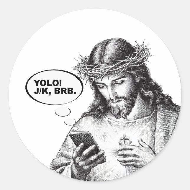 Pegatina Redonda Gracioso Jesús Textos YOLO JK BRB (Anverso)