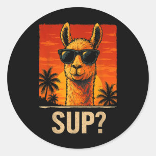 Pegatina Redonda Gracioso Llama Sup Meme Sunset Beach Guay Hombres