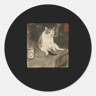 Pegatina Redonda Gracioso meme de fumar un gato triste kit de arte 