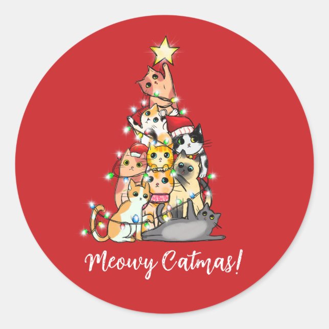 Pegatina Redonda Gracioso Meowy Catmas Cats Árbol de Navidad (Anverso)