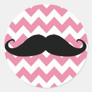 Pegatina Redonda Gracioso Mustache Negro Y Patrón De Chevron Rosa
