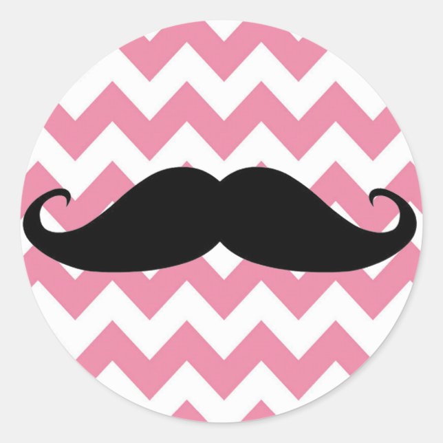 Pegatina Redonda Gracioso Mustache Negro Y Patrón De Chevron Rosa (Anverso)