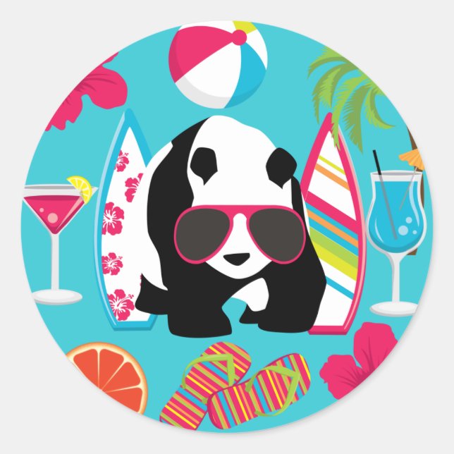 Pegatina Redonda Gracioso Panda Bear Beach Bum Guay Gafas De Sol Su (Anverso)