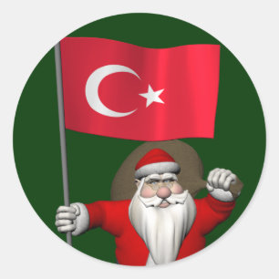 Pegatina Redonda Gracioso Papá Noel Con Bandera De Turquía