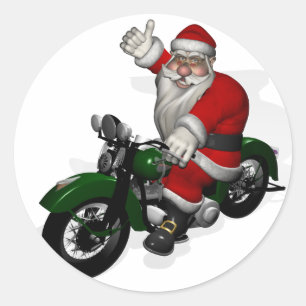 Pegatina Redonda Gracioso Papá Noel En La Moto Vintage Verde