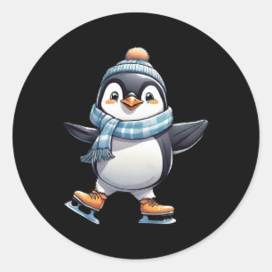 Pegatina Redonda Gracioso patinaje sobre hielo Pingüino patinador p