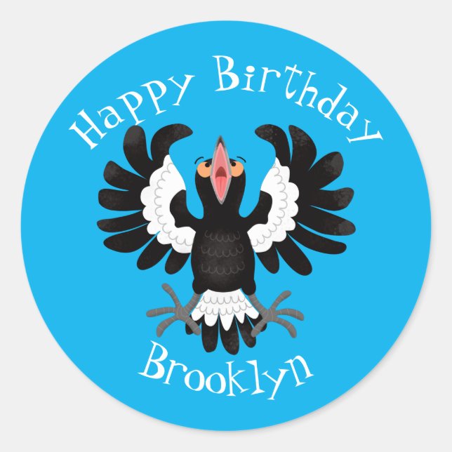 Pegatina Redonda Gracioso personalizado de magpie australiano ilust (Anverso)