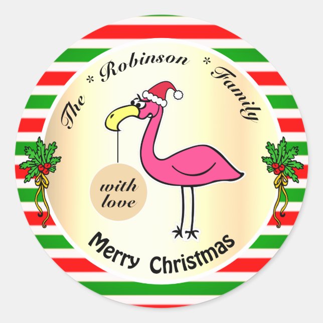 Pegatina Redonda Gracioso Personalizado de Navidad Flamingo (Anverso)