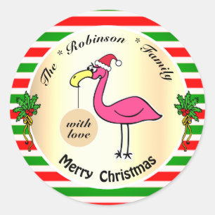Pegatina Redonda Gracioso Personalizado de Navidad Flamingo