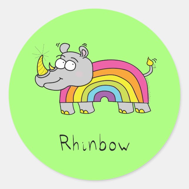 Pegatina Redonda Gracioso Personalizado Rhino Arcoiris Cute Niños (Anverso)