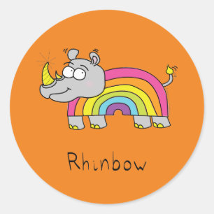 Pegatina Redonda Gracioso Personalizado Rhino Arcoiris Cute Niños