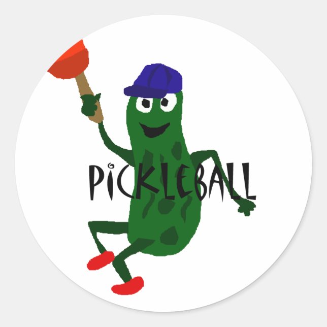 Pegatina Redonda Gracioso Pickle Jugando Pickleball (Anverso)