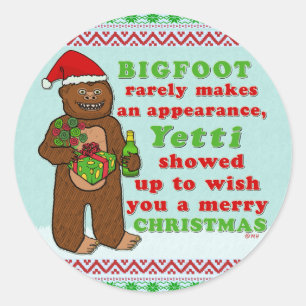 Pegatina Redonda Gracioso pie grande merry Christmas Sasquatch Pun