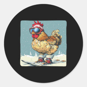Pegatina Redonda Gracioso Pollo De Esquí Para Vacaciones De Inviern