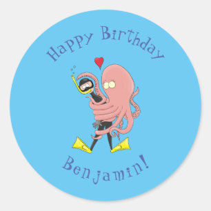 Pegatina Redonda Gracioso pulpo abrazos buceo humor personalizado