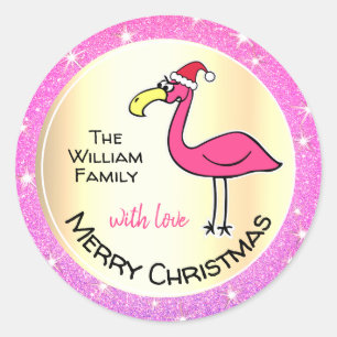 Pegatina Redonda Gracioso Purpurina rosa Flamingo Xmas Personalizab