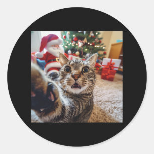 Pegatina Redonda Gracioso Selfie De Gato Con Navidades De Santa