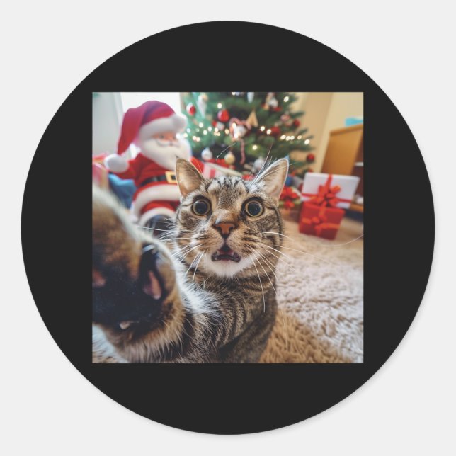 Pegatina Redonda Gracioso Selfie De Gato Con Navidades De Santa (Anverso)