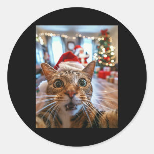 Pegatina Redonda Gracioso Selfie De Gato Con Navidades De Santa 13