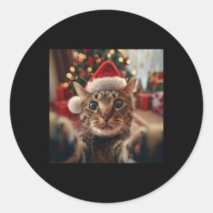 Pegatina Redonda Gracioso Selfie De Gato Con Santa Navidades 2