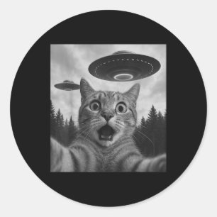 Pegatina Redonda Gracioso Selfie De Gato Con Ufos