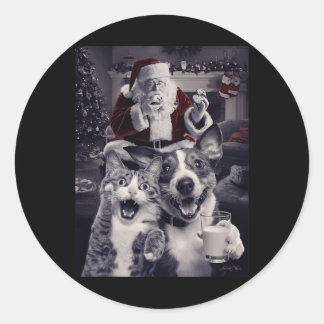 Pegatina Redonda Gracioso Selfie De Perro Y Gato Con Navidades De S