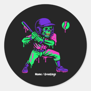 Pegatina Redonda Gracioso Skeleton Batting Ice Cream Driting Baseba