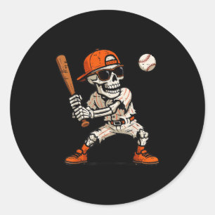 Pegatina Redonda Gracioso Skeleton Jugando Béisbol Halloween