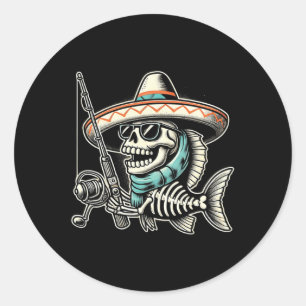 Pegatina Redonda Gracioso Skeleton Pescado Sombrero Equipo de Pesca