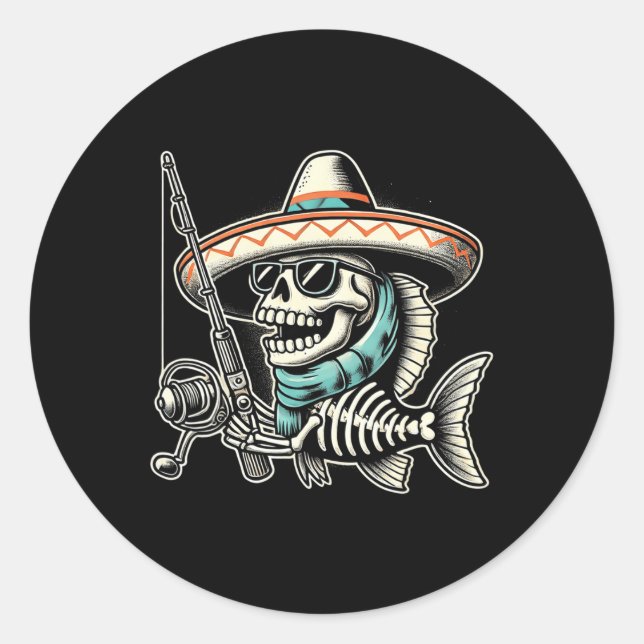 Pegatina Redonda Gracioso Skeleton Pescado Sombrero Equipo de Pesca (Anverso)