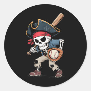 Pegatina Redonda Gracioso Skeleton Pirate Baseball Halloween Costum