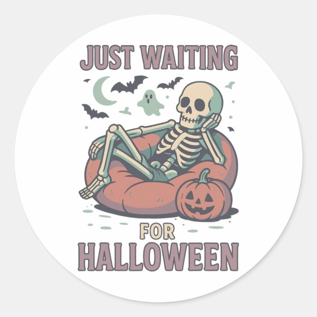 Pegatina Redonda Gracioso Skeleton Summerween Esperando Hallo (Anverso)