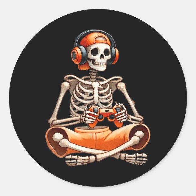 Pegatina Redonda Gracioso Skeleton Video Game Halloween Gaming Game (Anverso)