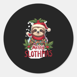 Pegatina Redonda Gracioso Sloth Xmas ilumina a Merry Slothmas Sloth