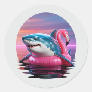 Pegatina Redonda Gracioso tiburón de vaporwave en el flotador de la