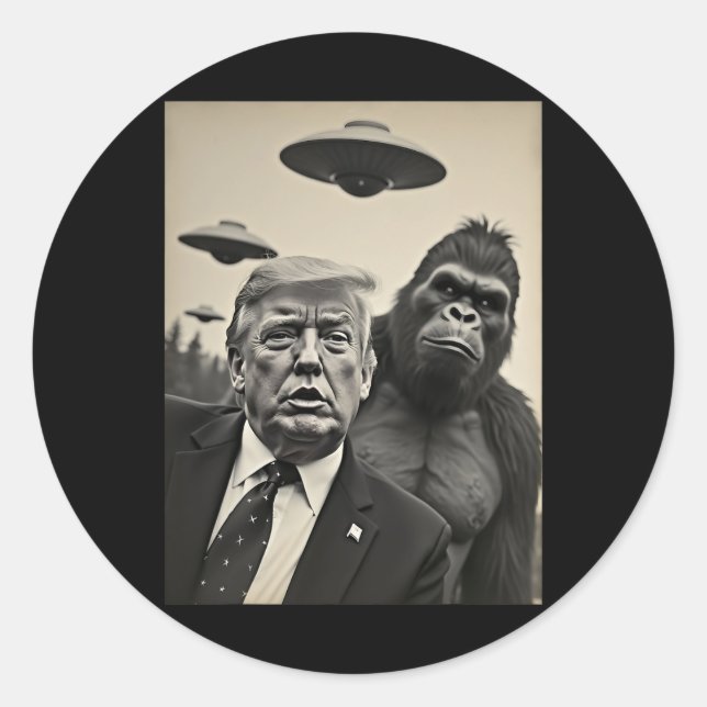 Pegatina Redonda Gracioso Trump Bigfoot Selfie Con Alienígena Extra (Anverso)