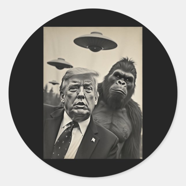 Pegatina Redonda Gracioso Trump Bigfoot Selfie Con Alienígena Extra (Anverso)