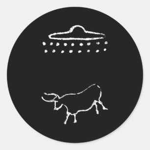 Pegatina Redonda Gracioso Vaca O Pintado De Cuevas Antiguas Ufo