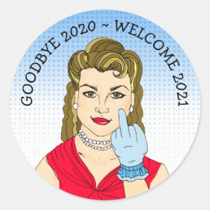 Pegatina Redonda Gracioso vuelo de la dama de retro de pájaros