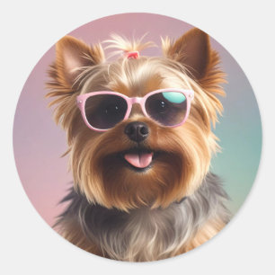 Pegatina Redonda Gracioso Yorkshire Terrier Con Gafas De Sol