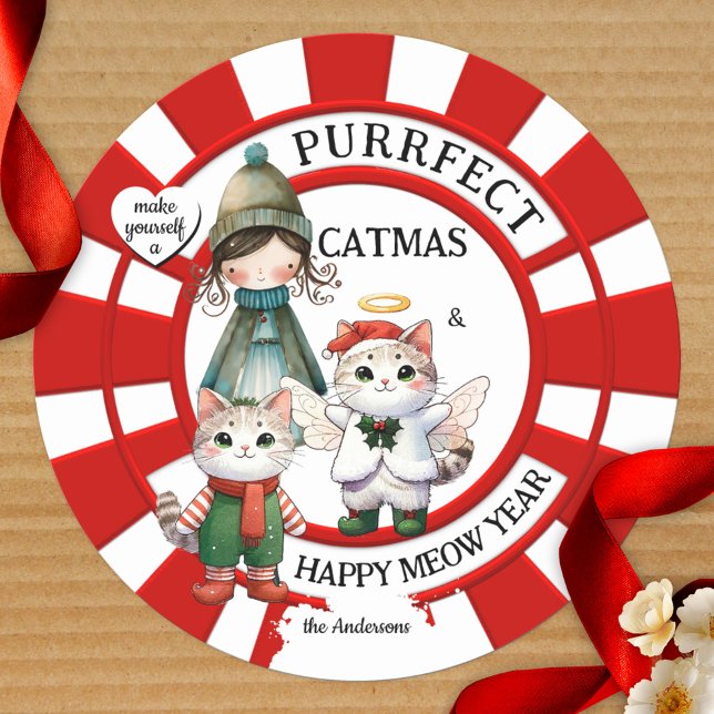 Pegatina Redonda Graciosos gatos Locos Dama de Gatos Navidades Cute (Colorful Christmas sticker featuring illustrations of a cute cat angel, kitty and crazy cat lady)