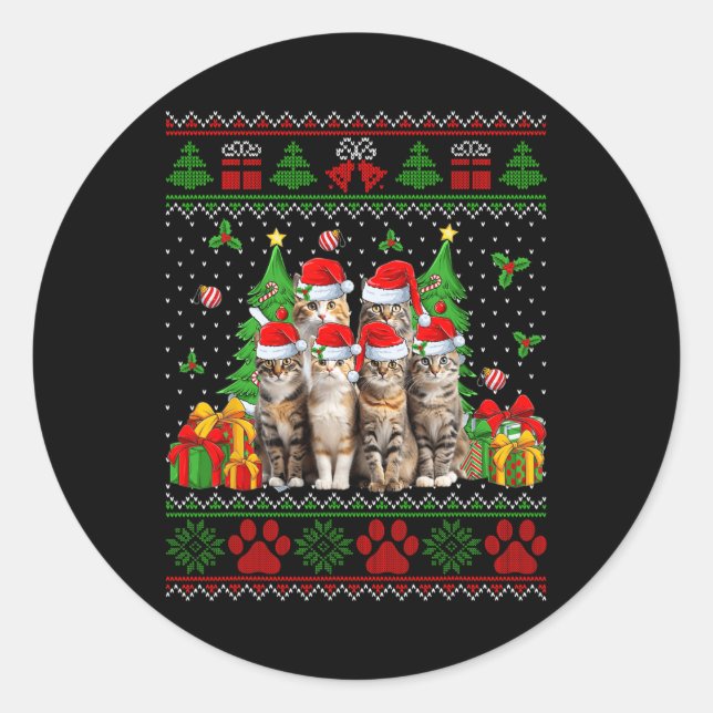 Pegatina Redonda Graciosos gatos Santa Hat Árbol de Navidad Feo Nav (Anverso)