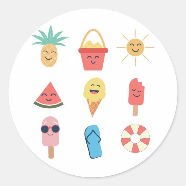 Pegatina Redonda Graciosos iconos de verano del Personalizado Kawai (Anverso)